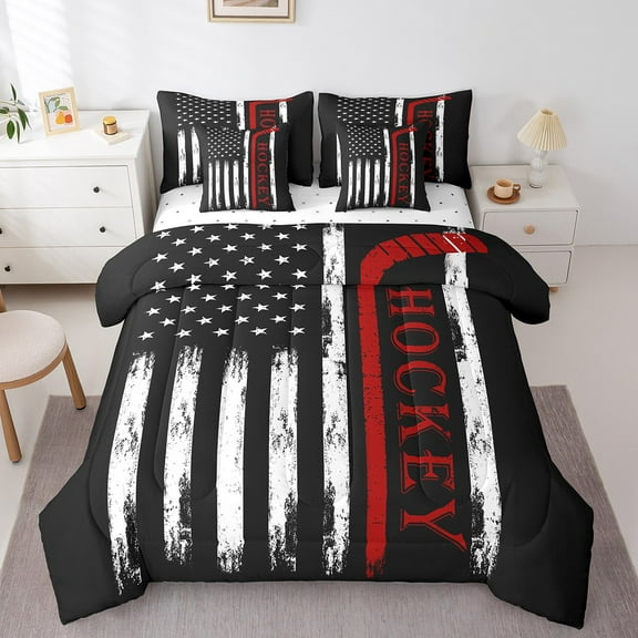 Erosebridal Hockey Print Bedding Sets Full Size, Black White US Flag Comforter Sets with Sheets, Sports Theme Bedding Accessories, Breathable Bedroom Decor, Reversible 7pcs