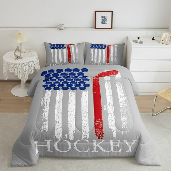 Erosebridal Hockey Theme Bedding Twin Comforter Set, Gray White Blue Down Comforter, Sports USA Flag Bedding Sets Twin with Comforter, Ultra Soft Room Decoration, 2 Pieces