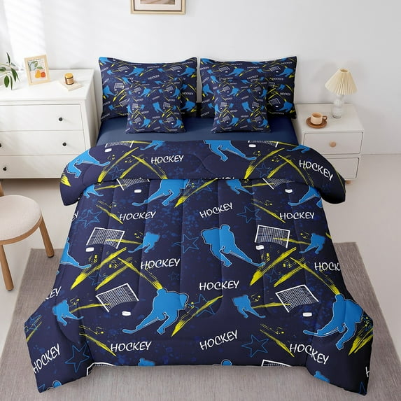 Erosebridal Hockey Theme Bedding Twin Size, Teens Sports Comforter Sets with Sheets, Black Blue Duvet Set, Microfiber Room Decor, Reversible 7-Piece