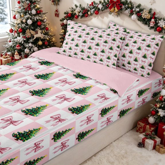 Erosebridal Holiday Checker Tree Bow Zipper Twin Comforter Sets with Fitted Sheet and 2 Pillowcases for Girls, Pink Grid Xmas Ribbon Zipper Bedding Set, Pink Reversible, 4-Piece