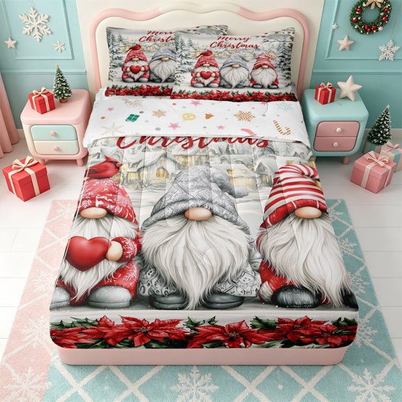 Erosebridal Holiday Cheer Zipper Twin Comforter Sets with Fitted Sheet and 2 Pillowcases,Cartoon Christmas Gnome Zipper Bedding Set,Xmas Reversible,4pcs