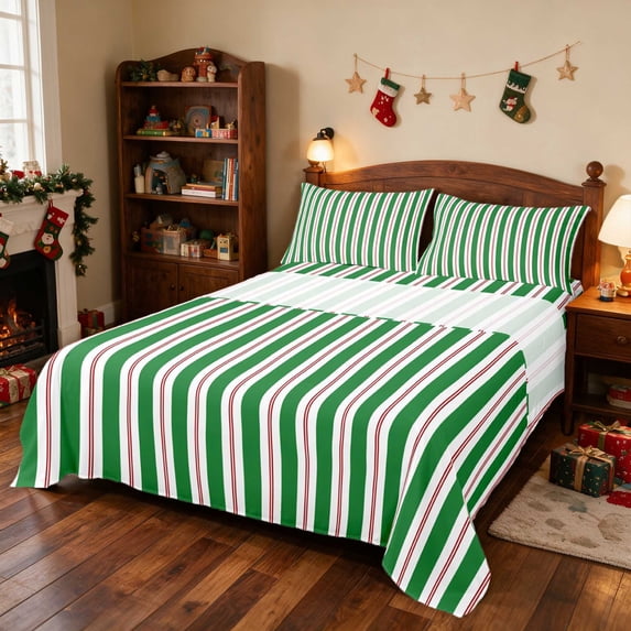 Manfei Holiday King Sheets Line Bedding, Red Gold 4 Pieces (1 Flat Sheet, 1 Fitted Sheet and 2 Pillowcases)