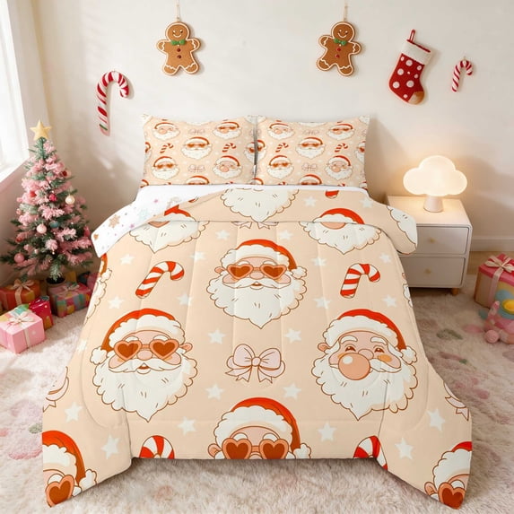 Manfei Holiday Queen Comforter Set Father Christmas Comforter Sets Queen, Lavender Pink 3pcs 1 Comforter and 2 Pillowcases, Xmas Reversible