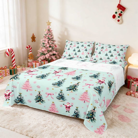 Manfei Holiday Queen Sheets Father Christmas Queen Sheet Sets, Black Gold 4 Pieces (1 Flat Sheet, 1 Fitted Sheet and 2 Pillowcases)