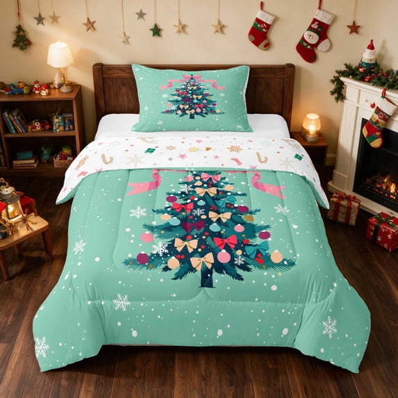 Manfei Holiday Twin Comforter Sets Ornament Bedding Set, Pink White 2-Pieces 1 Comforter and 1 Pillowcase, Xmas Reversible