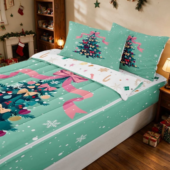 Manfei Holiday Zipper Queen Comforter Set with Fitted Sheet and 2 Pillowcases Ornament Zipper Bedding Set, Pink White, Xmas Reversible