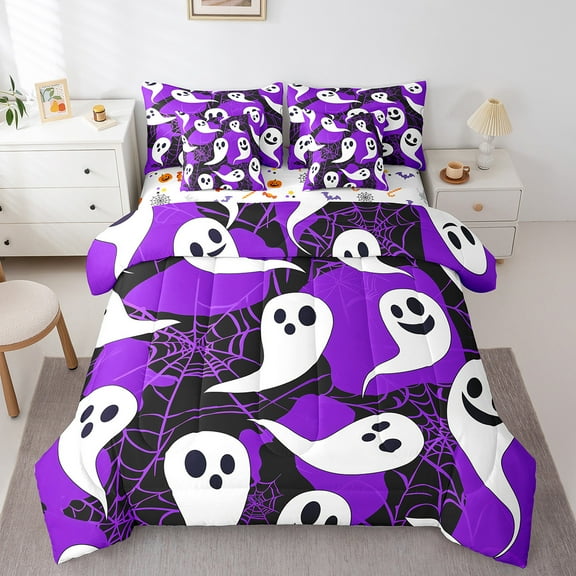 Erosebridal Holleween Bedding Sets Full Size,Kawaii Ghost Comforter Sets with Sheets,Spider Webs Bed in a Bag Full Size Fot Kids,Lightweight Bedroom Decoration Reversible,7-Piece