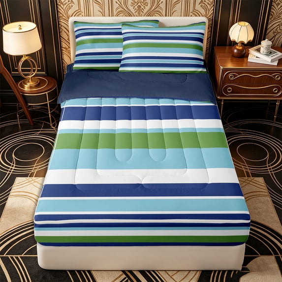Erosebridal Horizontal Stripe Pattern Zipper Full Size Comforter Sets with Fitted Sheet and 2 Pillowcases,Linear Band Print Zipper Bedding Set,Green Blue White,Navy Blue Reversible