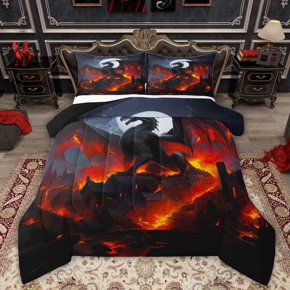 Erosebridal Horror Dragon Boys Queen Comforter Set, Sky Moon Bedding Comforter Set, Black Red, 3pcs