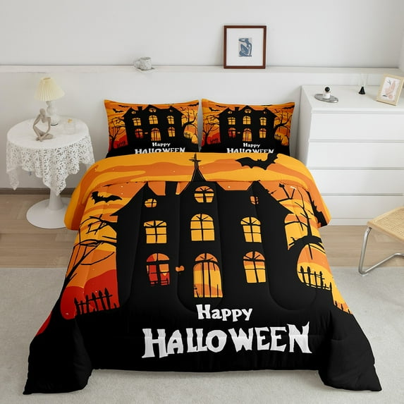 Erosebridal Horror Gothic Bedding Sets Full with Comforter, Happy Halloween Comforter Sets Full Size, Pumpkin Castle Reversible Down Comforter, Lightweight Room Decor, 3-Piece