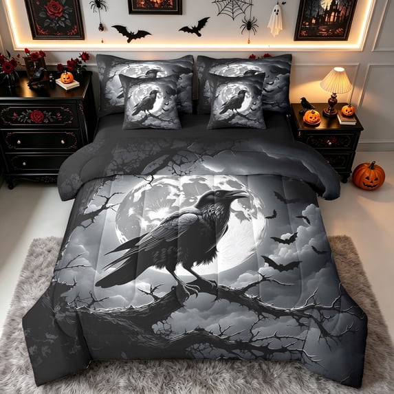 Erosebridal Horror Gothic Raven Full Size Bedding Sets, Moon Branch Full Size Bed in a Bag, Gray Black, Black Reversible, 7-Piece