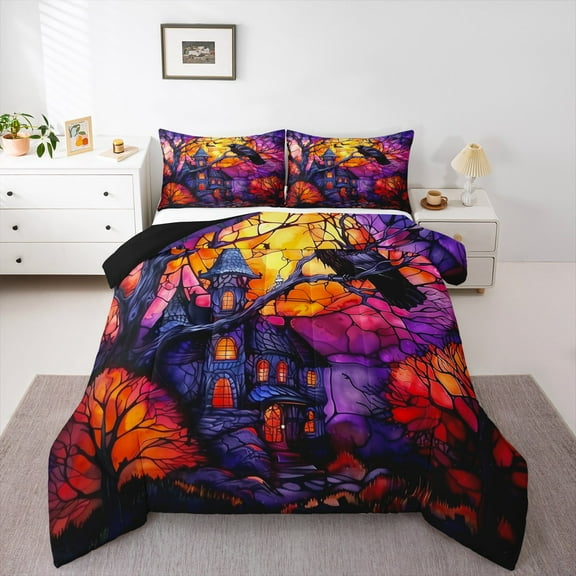 Erosebridal Horror Halloween Comforter Sets King Size, Gothic Castle Comforters & Duvets, Boho Crow Reversible Bedding King Comforter Set, Ultra Soft Room Decoration, 3-Piece