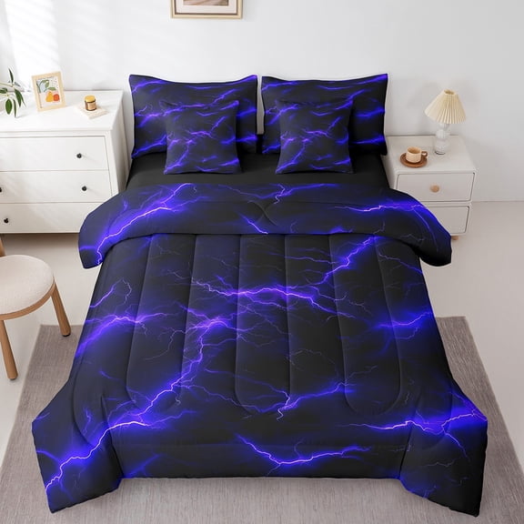 Erosebridal Horror Lightning Bed in a Bag Twin size, Blue Bed Set, Thunder Weather Reversible Bedding Twin Size, Breathable Bedroom Decoration, 7 Pieces