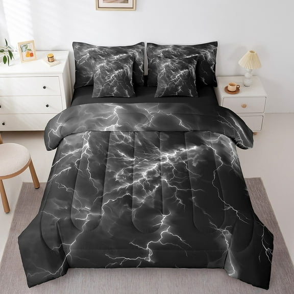 Erosebridal Horror Lightning Bed in a Bag Twin size, Grey Bed Set, Thunder Weather Reversible Bedding Twin Size, Super Cozy Room Decor, 7-Piece