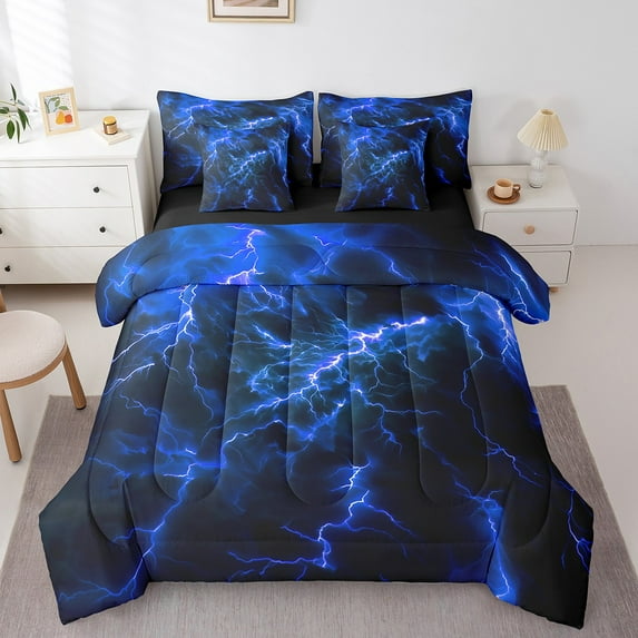 Erosebridal Horror Lightning Bedding Sets Twin Size, Blue Comforter Sets with Sheets, Thunder Weather Reversible Bed Set, Microfiber Room Decorative, 7 Pieces