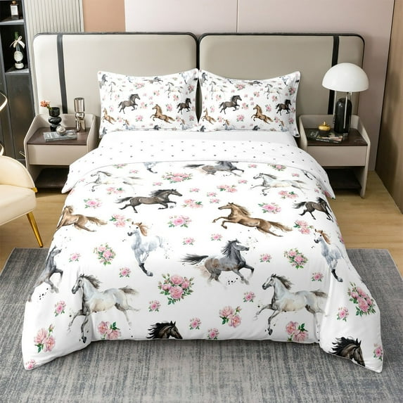 Erosebridal Horse 100% Cotton Comforter Cover King, Pink Rose Bedding King Size, Cartoon Animal Room Decor, Reversible(No Comforter)