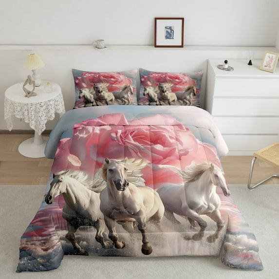 Erosebridal Horse Bedding Sets Full Chic Rose Flower Comforter Set ,White Horse Animal Duvet Insert Pink Floral Quilt Comforter Horse Theme Bedroom Decoration,Soft 3 Piece