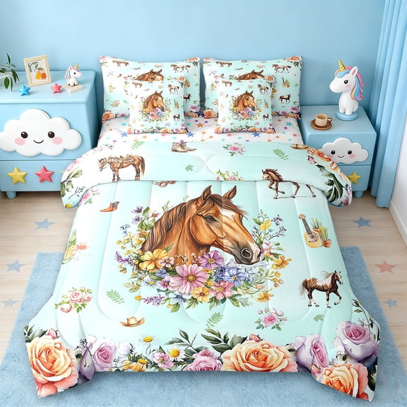Erosebridal Horse Bedding Sets Twin Size,Rustic Farmhouse Wildlife Comforter Sets with Sheets,Watercolor Flower Bed in a Bag Twin Size,Super Cozy Room Decoration Reversible,7-Piece