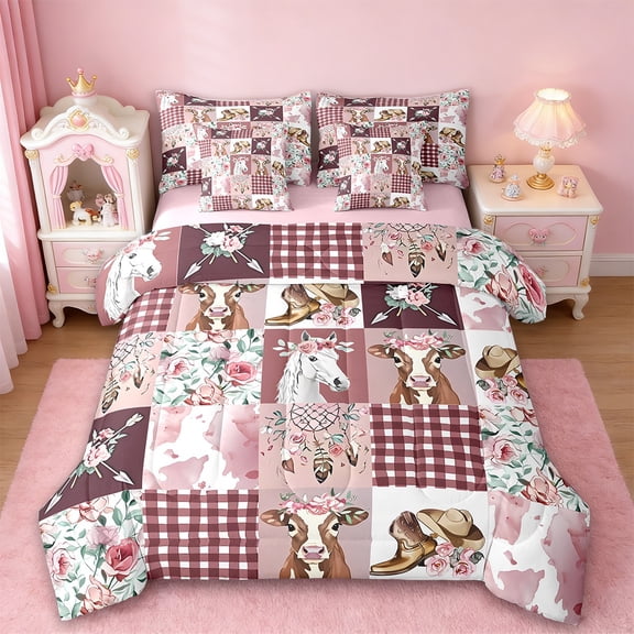Erosebridal Horse Cow Bedding Full Size,Farmhouse Farm Animal Comforter Sets with Sheets,Retro Western Cowgirl Bedding Sets Full Size For Teens,Breathable Room Decor Reversible,7 Pieces