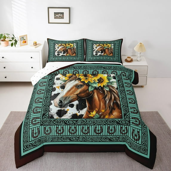 Erosebridal Horse Floral Bedding Sets Full with Comforter,Cow Print Stripes Duvet Insert,Horseshoe Room Decorative,Reversible,Super Cozy,3 Pieces