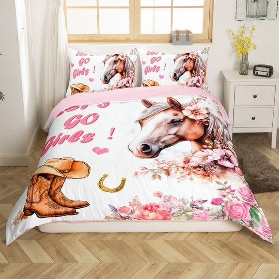 Erosebridal Horse Print Comforter Cover Queen, Western Boots Hats Bedding Queen Size, Pink Rose Floral Decor, Reversible(No Comforter)