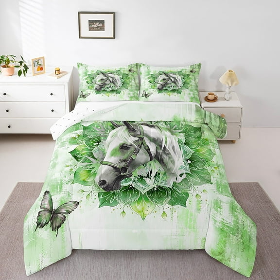 Horse Print Twin Size Comforter Set Animal Wildlife Bedding Set,Tribal Mandala Floral Down Comforter Green Oil Painting Bed Set,Modern Ombre Quilted Duvet