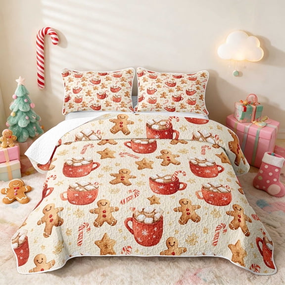 Manfei Hot Cocoa Bed Spread Queen Christmas Queen Coverlet Set, Mint White 3-Piece 1 Quilt and 2 Pillowcases