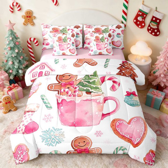 Manfei Hot Cocoa Twin Bedding 7pcs Christmas Bedding Comforter Set, Black Green, Pink Reversible