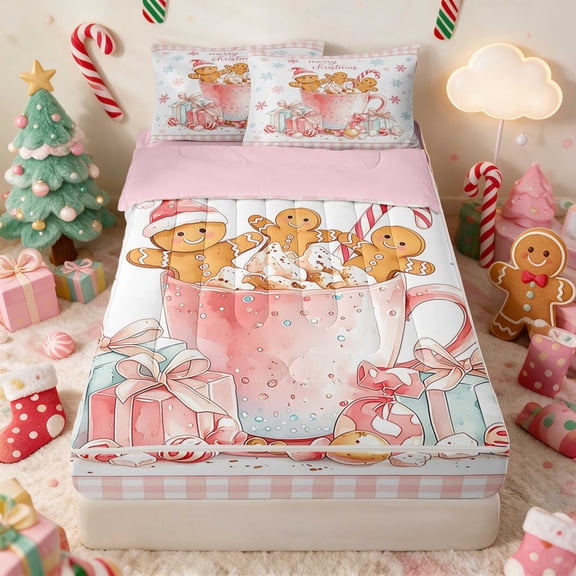 Manfei Hot Cocoa Zipper Twin Comforter Sets with Fitted Sheet and 2 Pillowcases Christmas Zipper Bedding Set, Pink Green, Pink Reversible