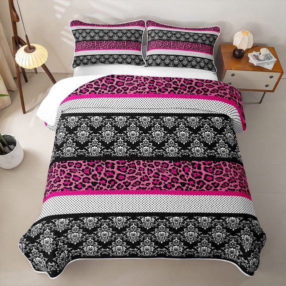 Erosebridal Hot Pink Bohemian Damask Quilt King for Women Girls, Leopard Spot Print King Coverlet Set, 3-Piece