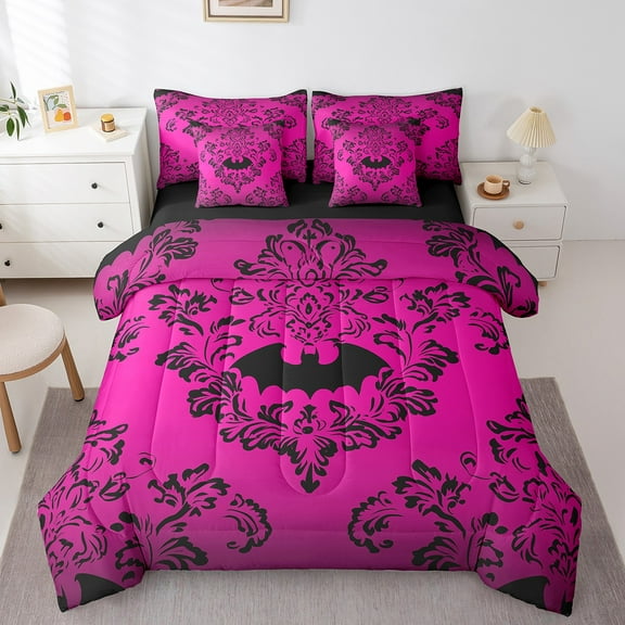 Erosebridal Hot Pink Damask Bed in a Bag Queen size, Gothic Bat Bedding Sets Queen Size, Hippie Flower Floral Reversible Comforter Sets with Sheets, Super Cozy Room Decorative, 7pcs