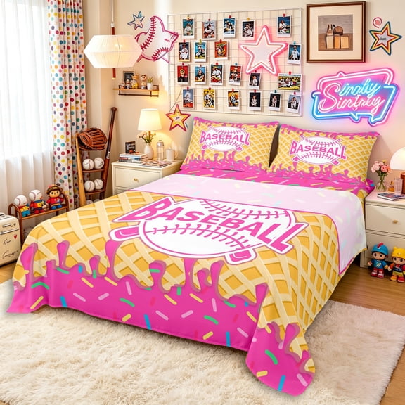 Erosebridal Hot Pink Dripping Waffle Pink Baseball & Bat Logo Graphic Bed Sheets 4pcs, Baseball Graphic King Sheets for Girls Kids,Luxury Bedroom Decor