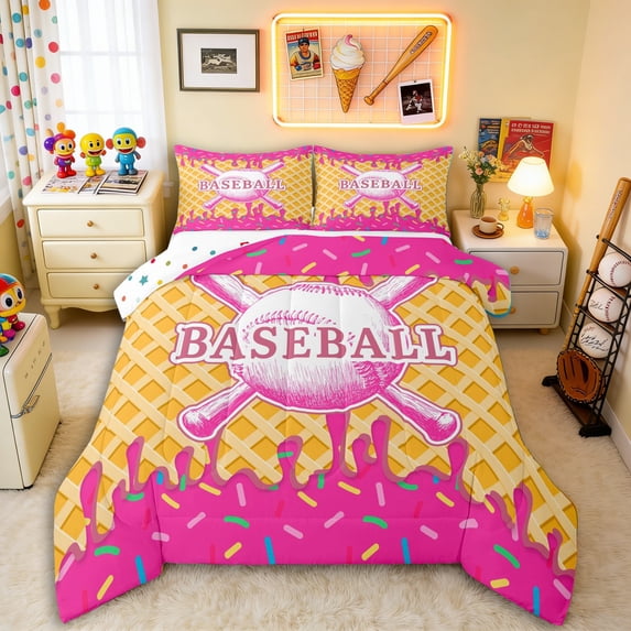 Erosebridal Hot Pink Dripping Waffle Pink Baseball & Bat Sketch Graphic Queen Comforter Set 3pcs, Sport Graphic Bedding Comforter Set for Girls Kids,Lightweight Room Decor