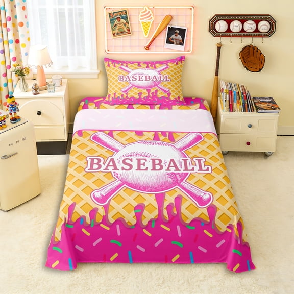 Erosebridal Hot Pink Dripping Waffle Pink Baseball & Bat Sketch Graphic Twin Sheet Sets 3pcs, Sport Graphic Bedding for Girls Kids,Lightweight Room Decor