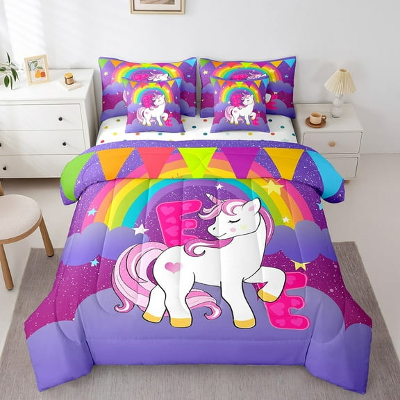 Erosebridal Hot Pink E Bedding Sets Twin Size, Dreamy Unicorn Animal Comforter Sets with Sheets, Initial Letter Reversible Bedding Twin Size, Breathable Bedroom Decor, 7-Piece