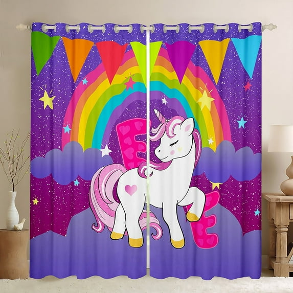Erosebridal Hot Pink E Curtains for Living Room, Dreamy Unicorn Animal Blackout Curtains Set of 2 (38x45), Initial Letter Black Out Curtains, Window Drapes Bedroom Decor