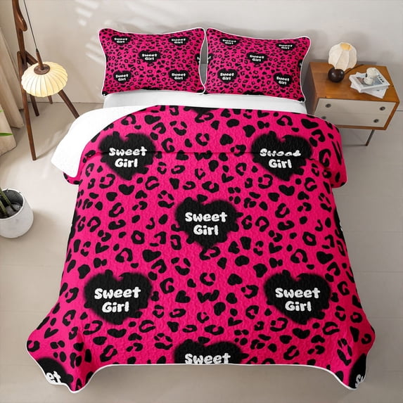 Erosebridal Hot Pink Leopard Heart Twin Quilt Set,Sweet Girl Loves Pattern Twin Coverlet Set,2 Pieces