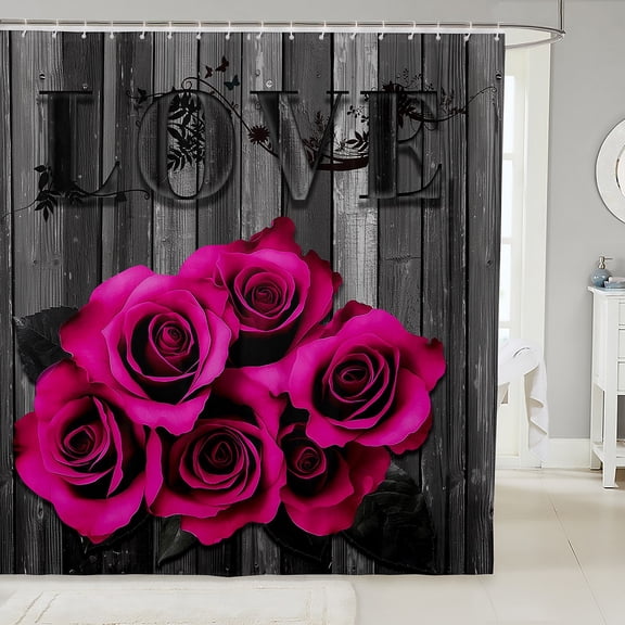Erosebridal Hot Pink Rose Flowers Bathroom Curtain 72"Wx84"L Retro Rustic Rose Floral Shower Curtain Valentine'S Day Couple Bath Curtain Women,Romantic Blossom Bathroom Decor Black Grey