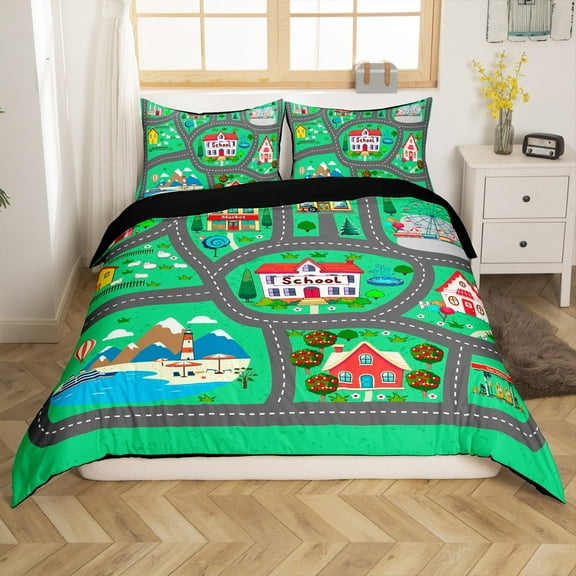 Erosebridal House Street Comforter Cover Twin, Traffic Lines Bedding Twin Size, Cartoon Map Decor, Reversible 2 Pieces(No Comforter)