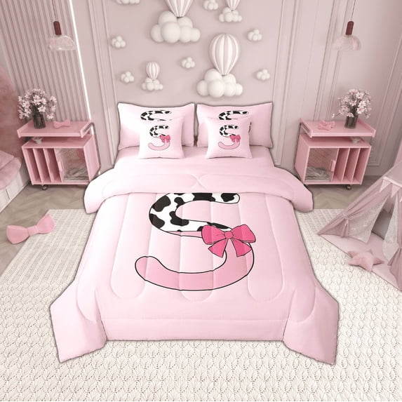 Erosebridal Monogrammed Letter Bedding Sets Twin Size,Cattle Print Comforter Sets with Sheets,Lightweight Reversible Bed in a Bag Twin size,Pink Bow Tie Decoration,7pcs