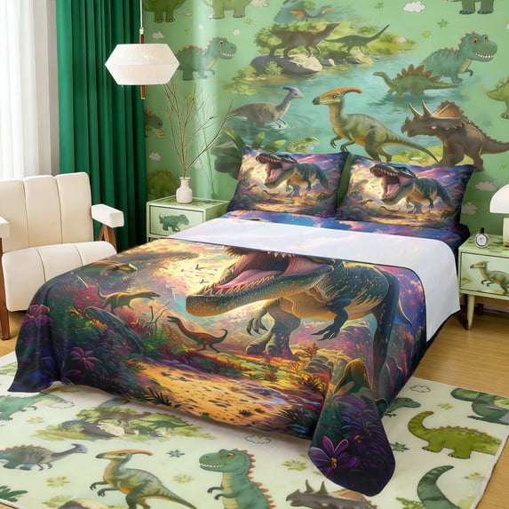 Erosebridal Howling T-Rex Queen Sheet Sets for Kids Boys, Animal Dinosaur Bed Set, 4pcs (1 Flat Sheet, 1 Fitted Sheet and 2 Pillowcases)