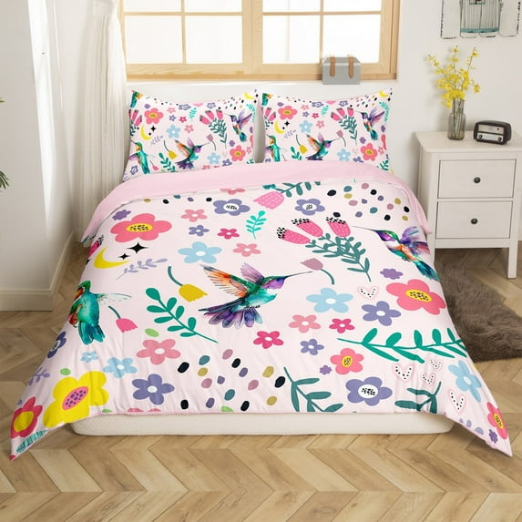 Erosebridal Hummingbird Bedding Set,Cartoon Bird Duvet Cover Twin,Tropical Botanical Flower Leaf Animals Print Comforter Cover for Kids,Kawaii Bed Sets with 1 Pillow Case Bedroom Decor