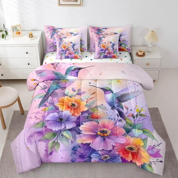 Erosebridal Hummingbird Flower Bedding Sets Twin Size,Spring Graden Comforter Sets with Sheets,Room Decorative,Reversible,Breathable,7-Piece