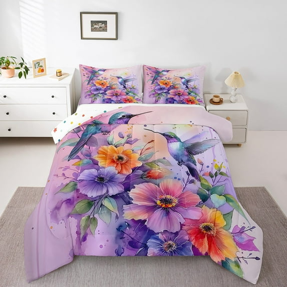 Erosebridal Hummingbird Flower Bedding Twin Comforter Set,Spring Graden Down Comforter,Room Decorative,Reversible,Lightweight,2pcs