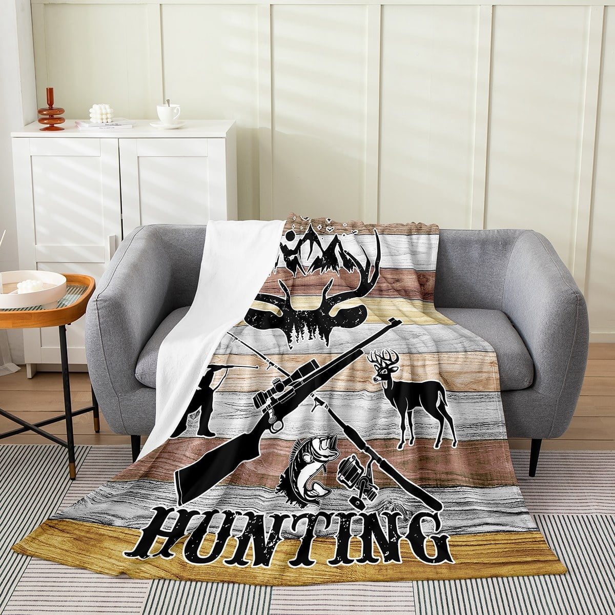 Erosebridal Hunting Animals Throw Blanket Twin 60x80,Rustic Farmhouse Cabin Decor Fuzzy Blanket,Pike Fish Deer Antler Hunting Themed Flannel Blanket,Retro Shotgun Fishing Rod Patchwork Bed Blanket