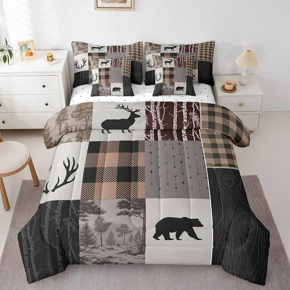 Erosebridal Hunting Bear Bed in a Bag Queen size, Woodland Wildlife Bed Set, Farmhouse Rustic Decor, 7-Piece
