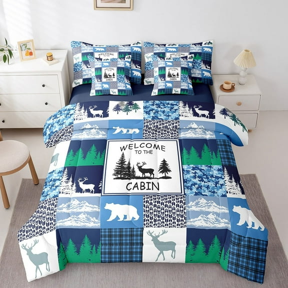 Erosebridal Hunting Bear Deer Bedding Sets Twin Size,Blue Farmhouse Comforter Sets with Sheets,Rustic Lodge Cabin Decor,Reversible,7pcs