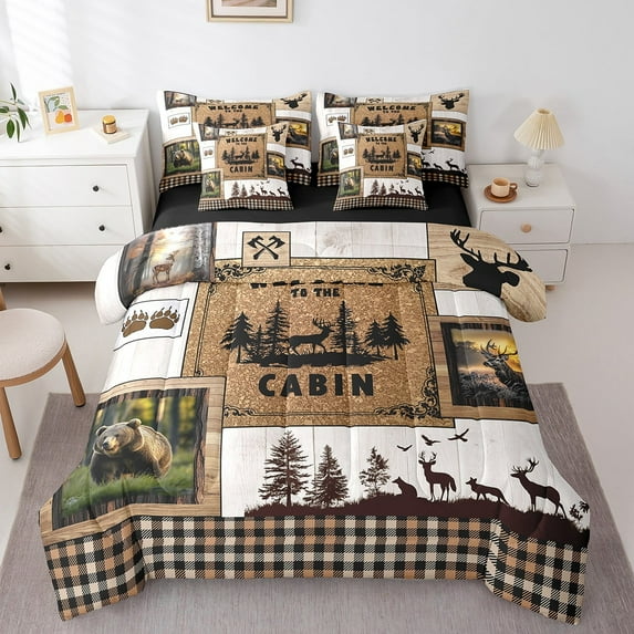 Erosebridal Hunting Bear Deer Bedding Sets Twin Size,Brown Farmhouse Comforter Sets with Sheets,Rustic Lodge Cabin Decor,Reversible,7pcs