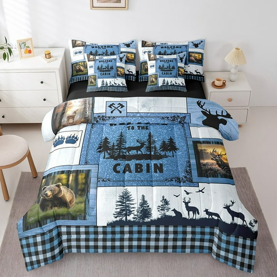Erosebridal Hunting Deer Bear Bedding Sets Twin Size,Vintage Lodge Cabin Comforter Sets with Sheets,Rustic Decoration,Blue,Reversible,7pcs