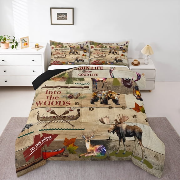 Erosebridal Hunting Deer Comforter Set Twin, Retro Cabin Bedding Comforter Sets Teens Adult, Woodland Bear Moose Bedding Set Wild Animal Rustic Farmhouse Duvet Insert, Brown